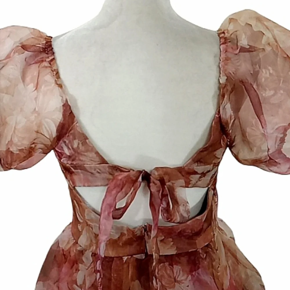 Lulus Lovely Statement Floral Organza Tie Back Puff Sleeve Midi Dress Size Small